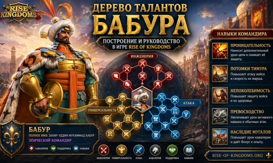 Бабур в Райс оф Кингдомс: таланты, прокачка, навыки, связки командиров