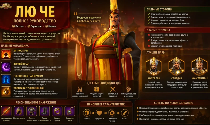 Командир Лю Че в Rise of Kingdoms: дерево талантов, связки, навыки