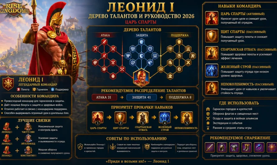 Дерево талантов и руководство по Леониду I 2026: Rise of Kingdoms