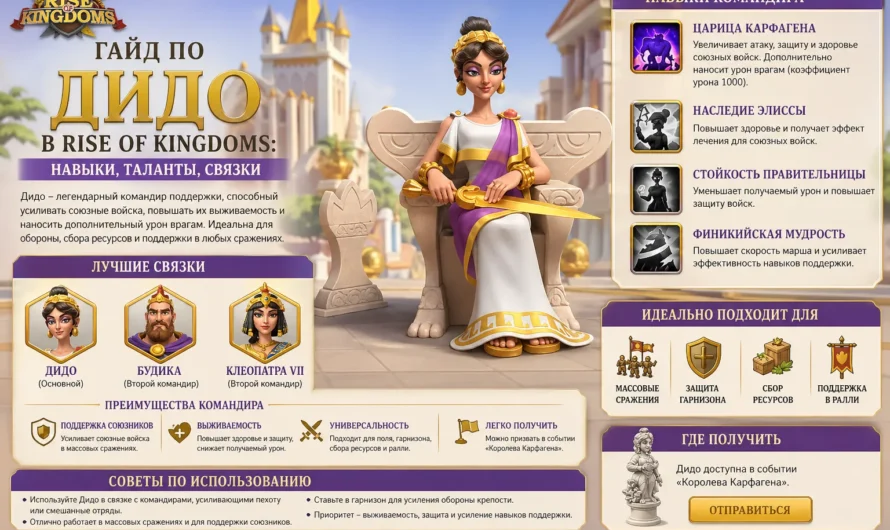 Гайд по Дидо в Rise of Kingdoms: навыки, таланты, связки